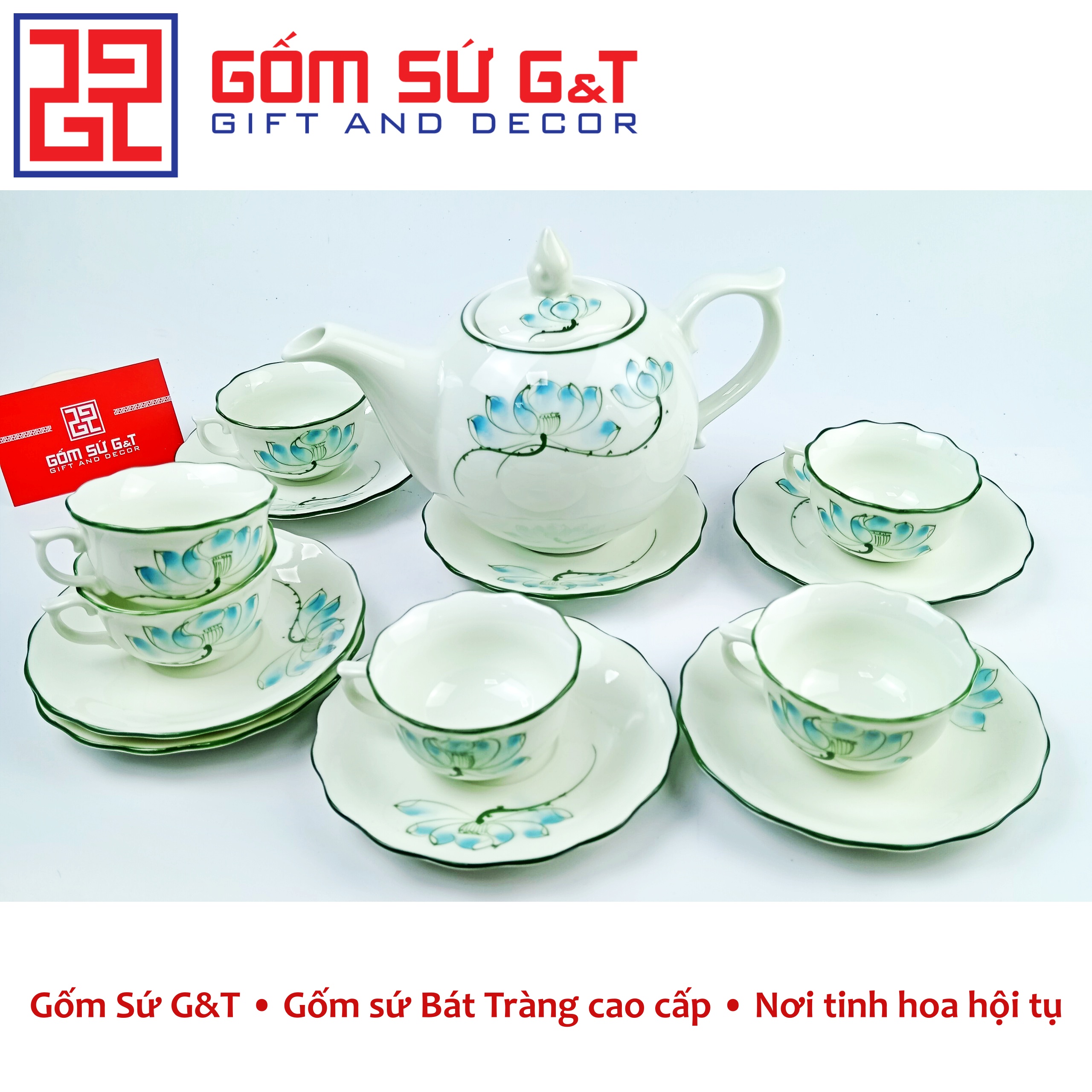 Bộ trà chóp lửa men kem vẽ sen xanh Gốm Sứ G&amp;T