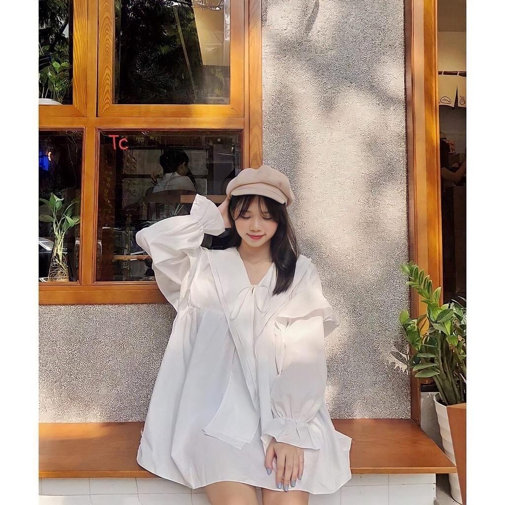 Áo Sơ Mi Nữ Babydoll Dài Tay Cổ Sen Buộc Nơ Tay Bèo