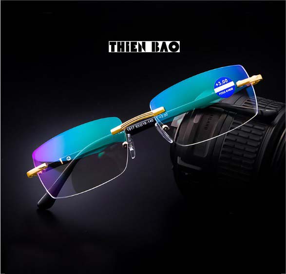 Kính lão thị, viễn thị Hai tròng nhìn XA - GẦN đọc chữ nhìn xa, tròng váng xanh, GỌNG KHOAN nam nữ không viền KT1K