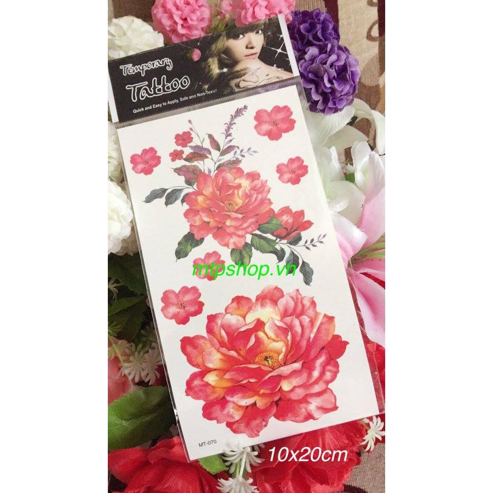 Hình xăm dán hoa mẫu đơn đỏ cam 10x20cm- tặng đồng size khi mua từ 5 tấm