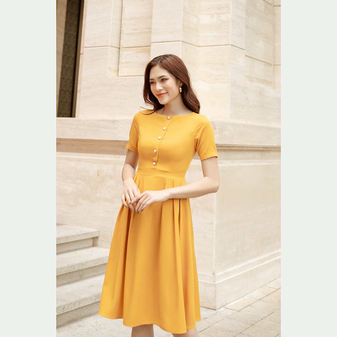 Đầm xòe 2 lớp công sở cổ thuyền phối nút thiết kế thời trang Eden dây kéo sau lưng có túi - D475