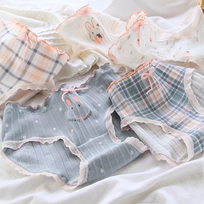 Combo 5 quần lót nữ cotton Freesize Kiểu Thỏ xanh tím dễ thương