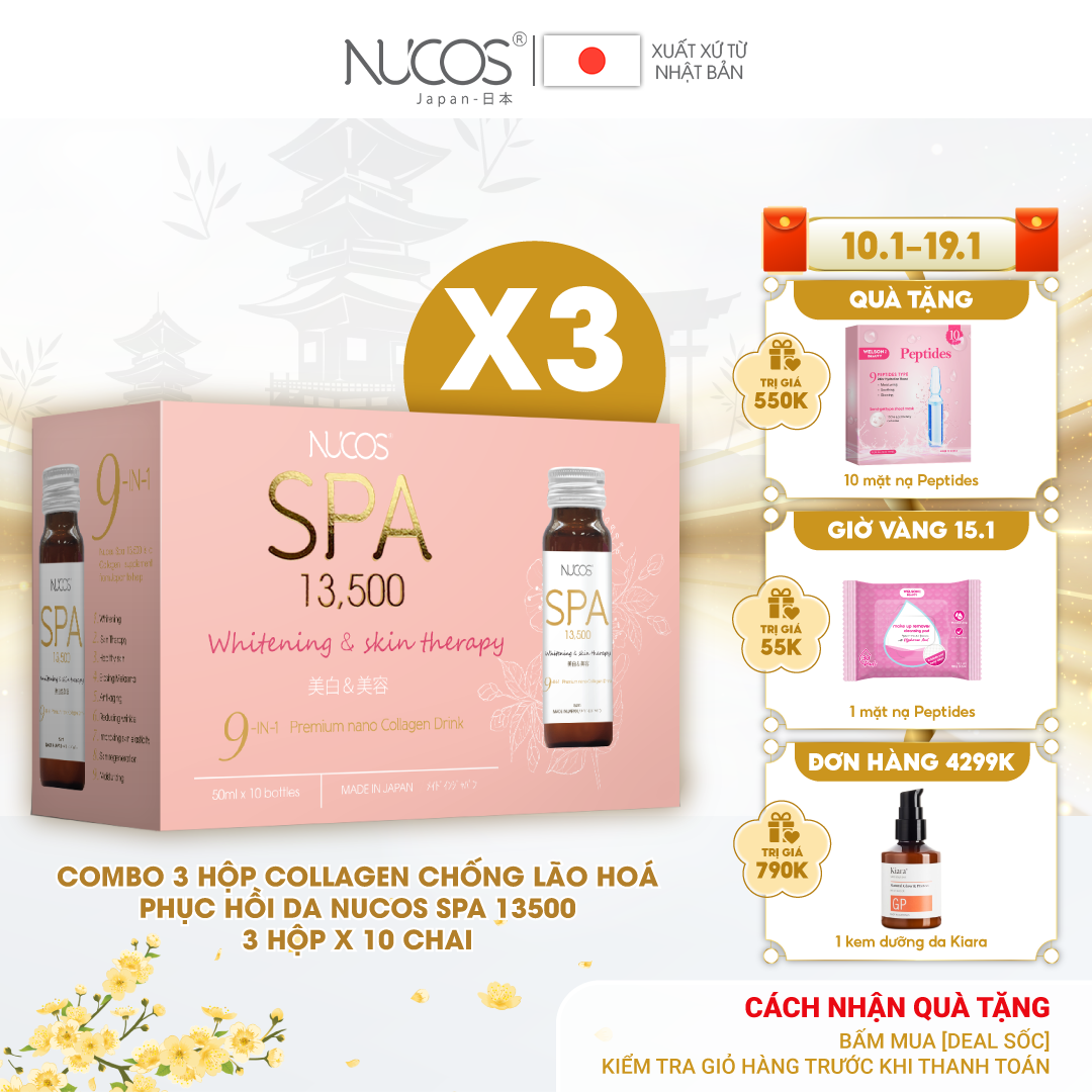 Combo 3 Hộp Collagen nước xóa nhăn ngăn lão hóa da Nucos Spa 13500 3 Hộp x 10 Chai x 50ml