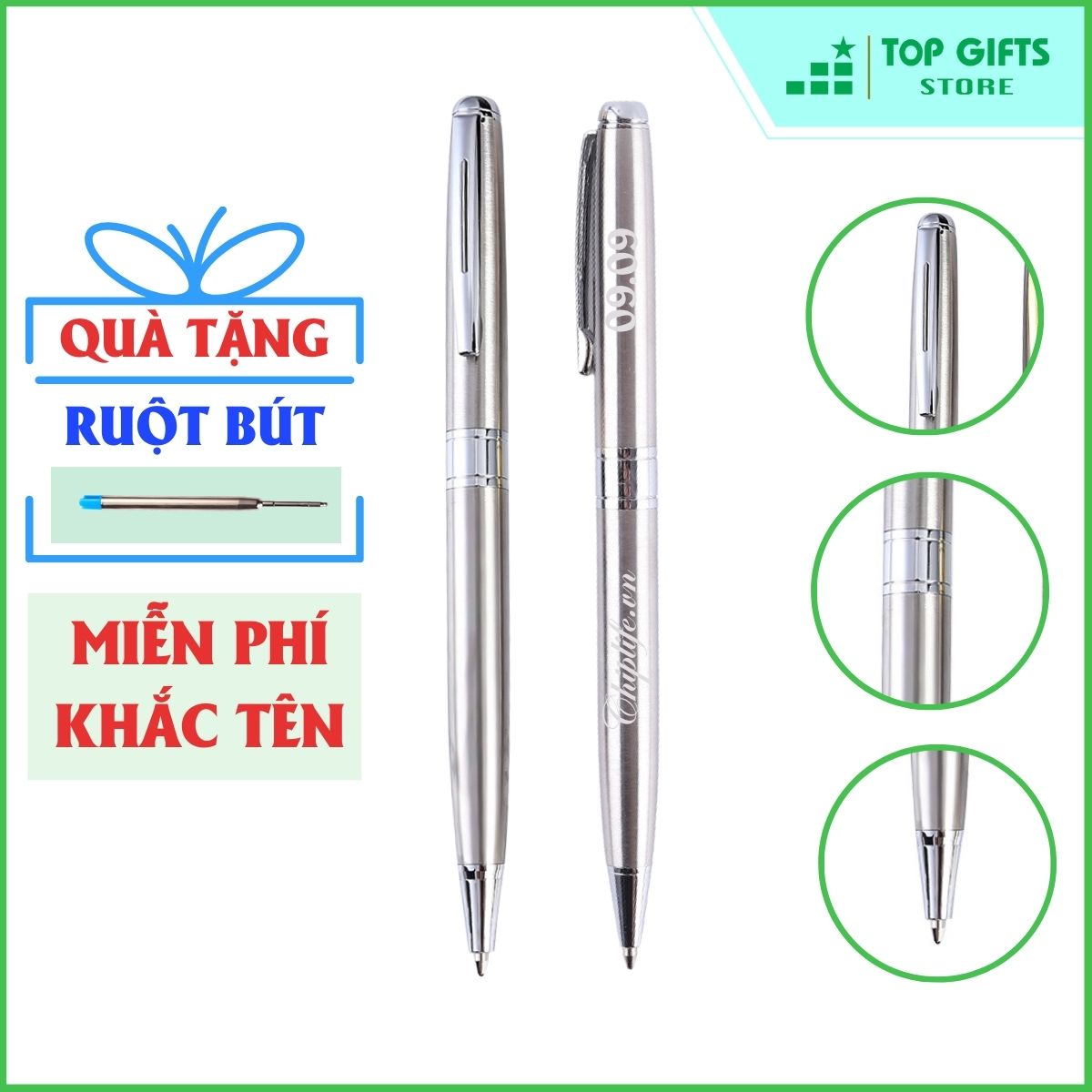 Bút ký khắc tên cao cấp Xoay Bạc PBB117 ngòi 0.7mm| Quà tặng thăng chức, quà tặng sếp + Ruột bút + Hộp đựng bút