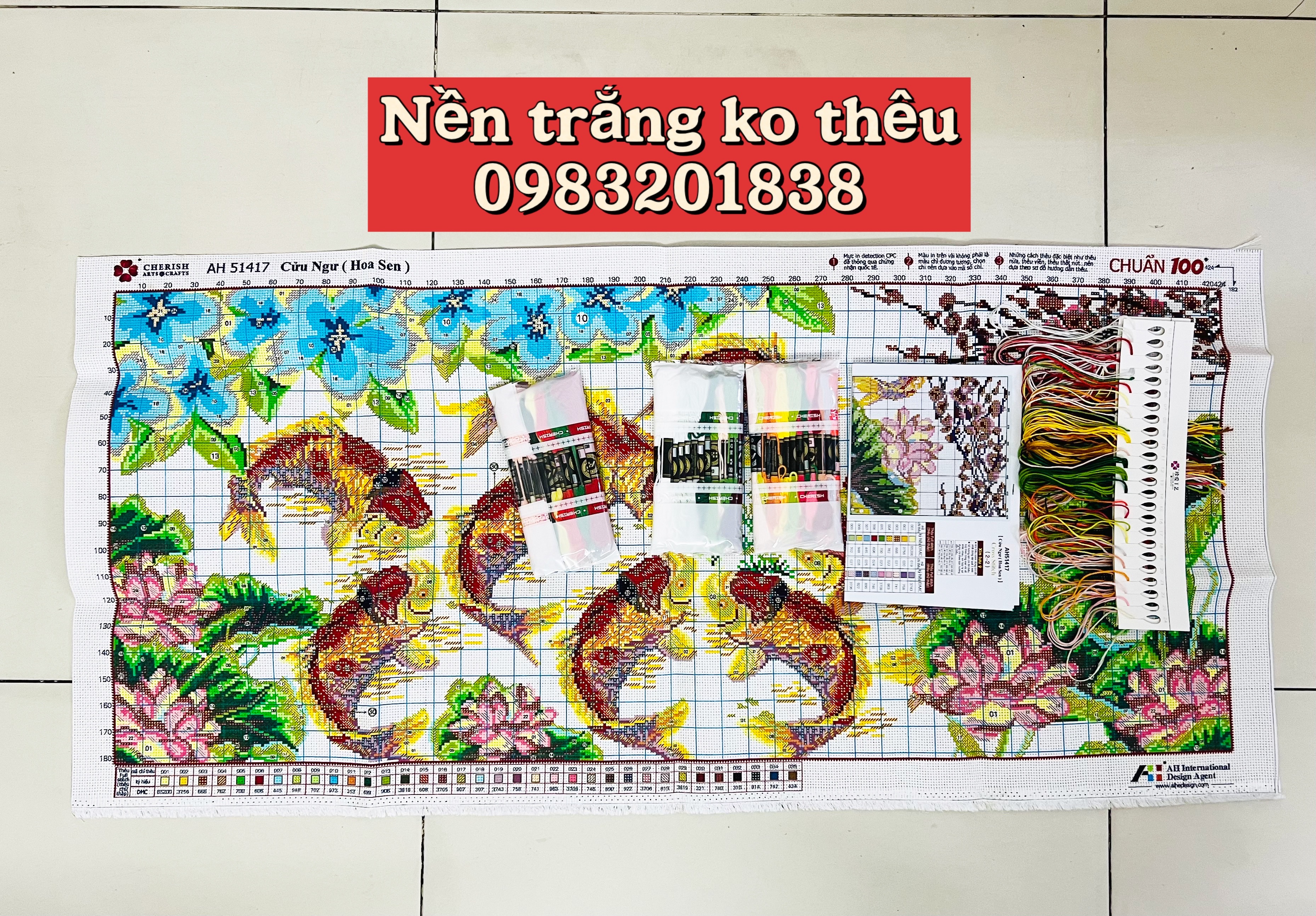 Tranh thêu chữ thập Cửu ngư hoa sen AL51417, nền trắng không thêu, kích thước 108 x 52 cm