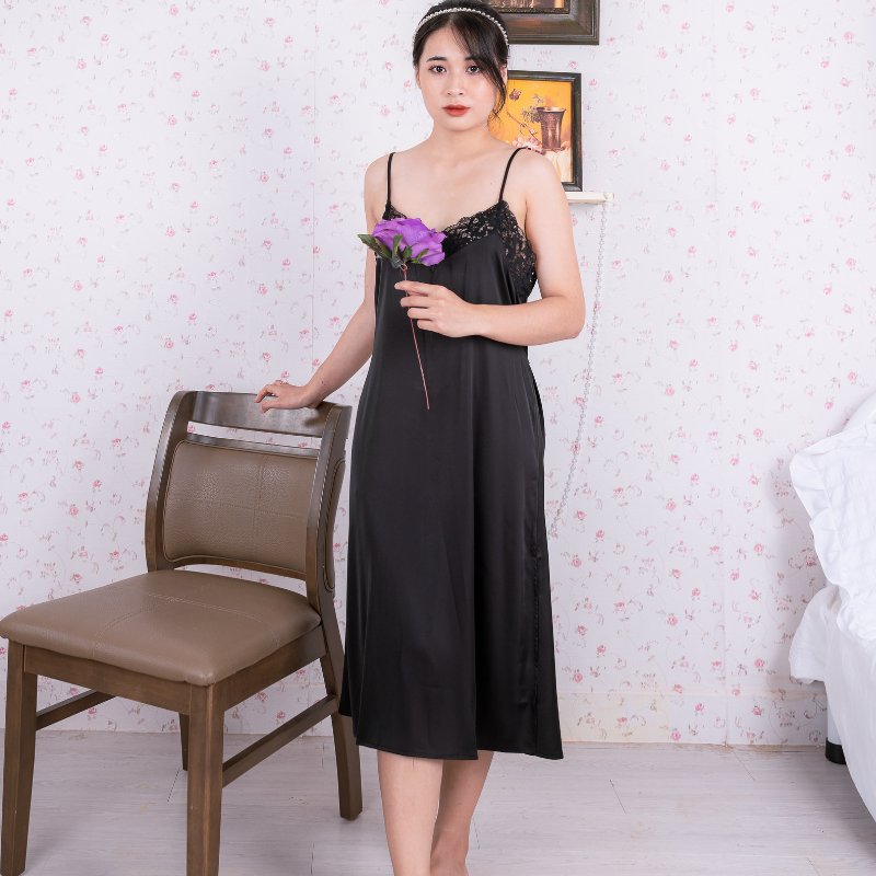 Đầm ngủ, Váy ngủ lụa Pháp cao cấp VILADY - V151, phối ren và ngực lưng, xẻ đùi 2 bên