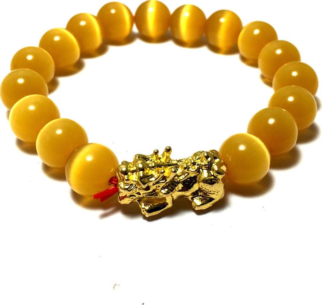Vòng tay phong thủy đá mắt mèo màu vàng kèm cham tì hiu bạc mạ vàng 24k cao cấp cho người mệnh kim - mệnh thổ - VPT29A- Bạc QTJ (vàng)