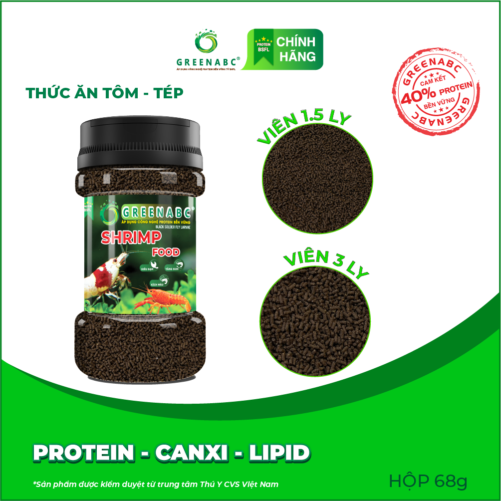 Thức ăn Tôm Tép cảnh GREENABC - Protein 40, kích màu, lên màu đẹp, dễ tiêu hóa, tăng đề kháng - Hộp 68g