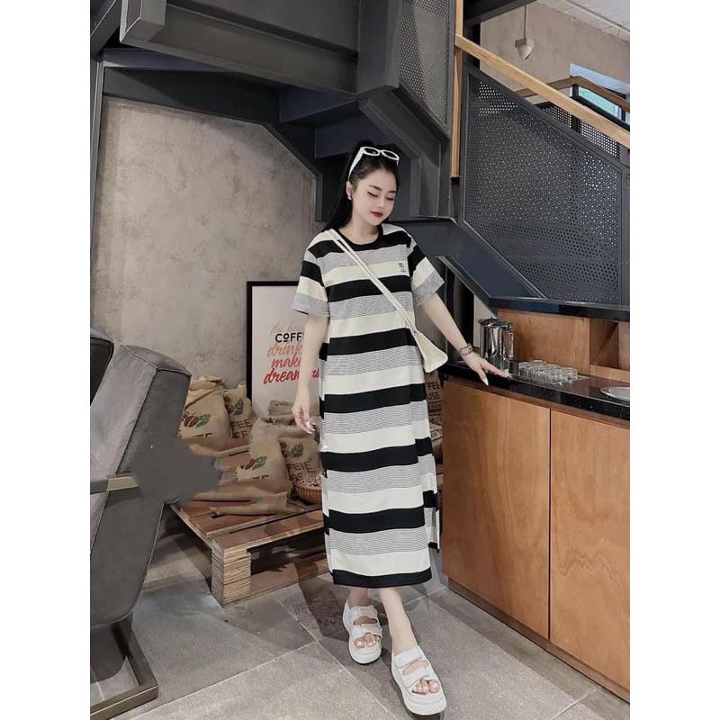 Váy V40, Đầm Suông Kẻ In Hình Tai Thỏ From Rộng, Dáng Dài Chất Cotton