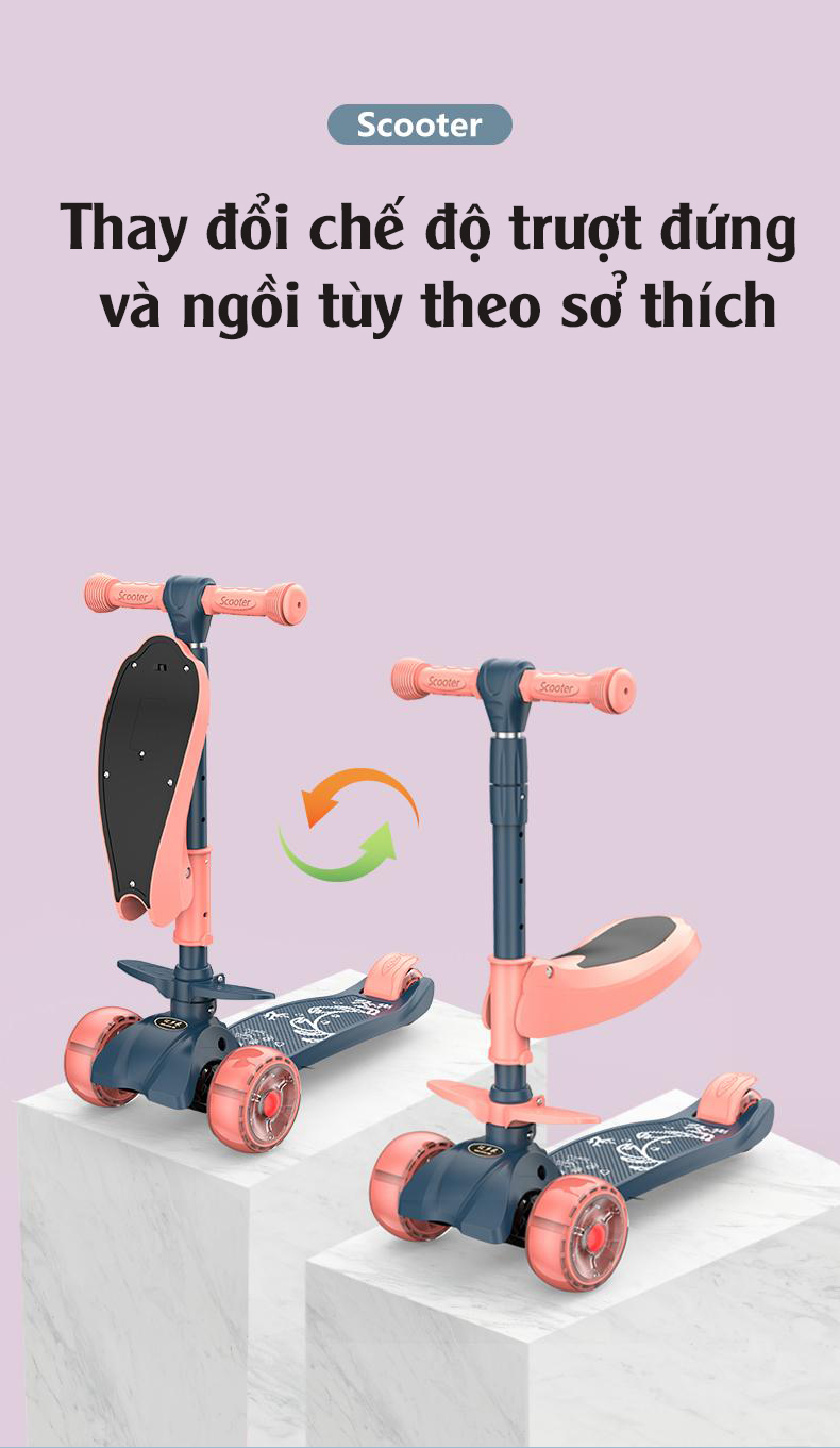 Xe scooter 3 bánh tự cân bằng, 3in1 có ghế gấp gọn, xe chòi chân thăng bằng , xe trượt 3 bánh có nhạc và đèn chiếu sáng )