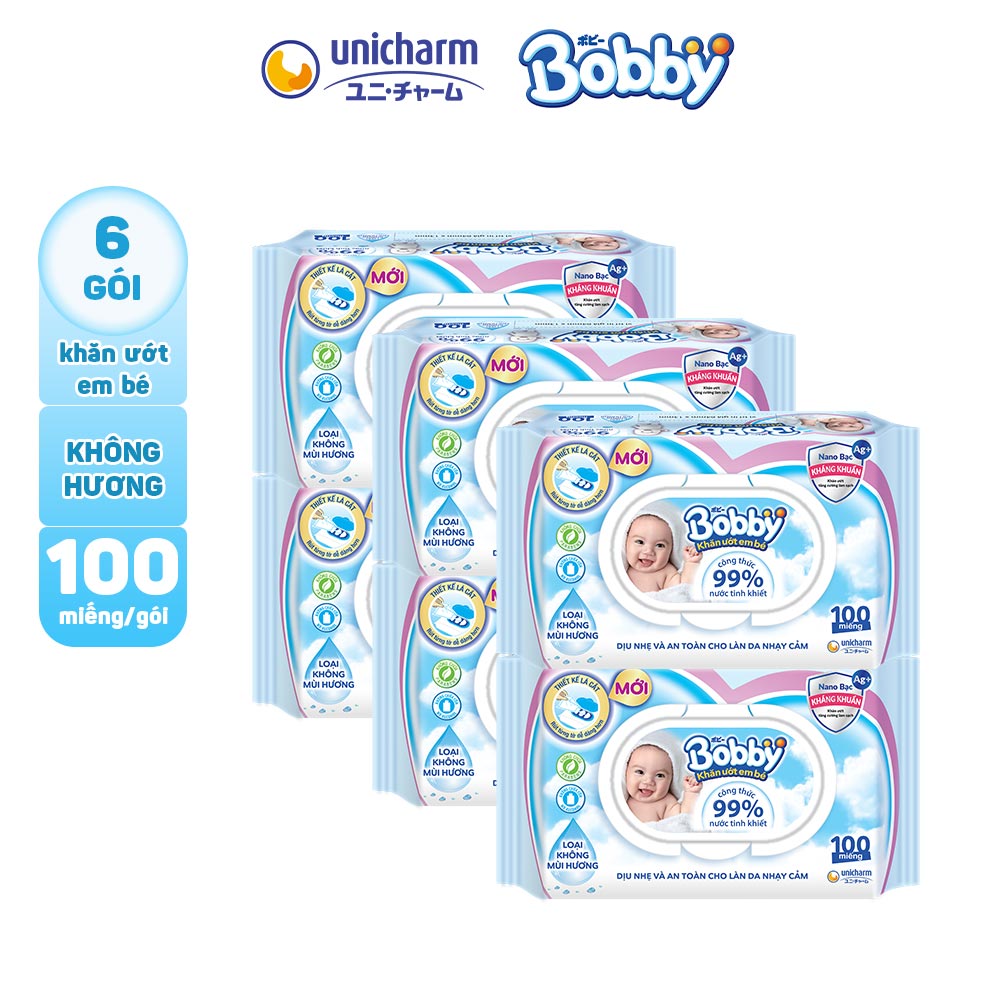 Combo 6 Gói Khăn Ướt Bobby Care 100 Miếng/Gói