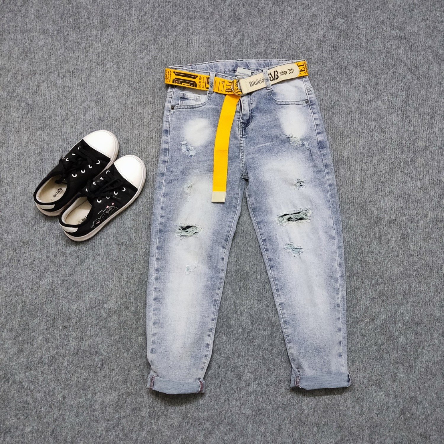 Q0128 Quần jean dài cao cấp bé trai, phom body, wax rách, có tăng đơ, chất co dãn thoải mái, kèm dây nịt