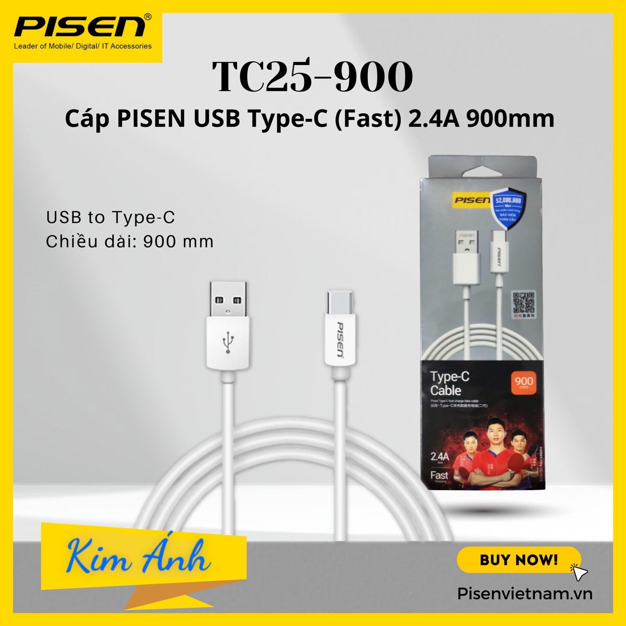 Cáp sạc nhanh Pisen USB Type-C (Fast) 3A 900mm ( TC25-900), Hàng chính hãng