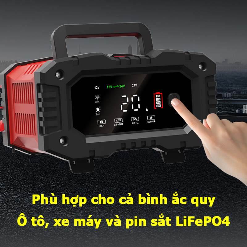 Sạc bình ắc quy 12V 24V 6Ah - 300Ah FOXSUR FPT-200 20A sạc bình ô tô xe máy xe tải pin sắt LiFePO4 tự ngắt