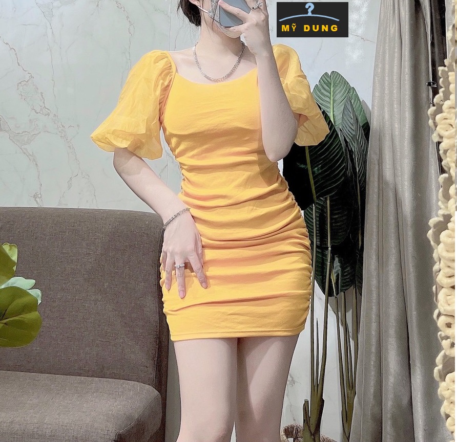 ĐẦM BODY ĐAN DÂY HỞ LƯNG-PHỐI TAY VOAN PHỒNG -SIÊU HÁCH DÁNG