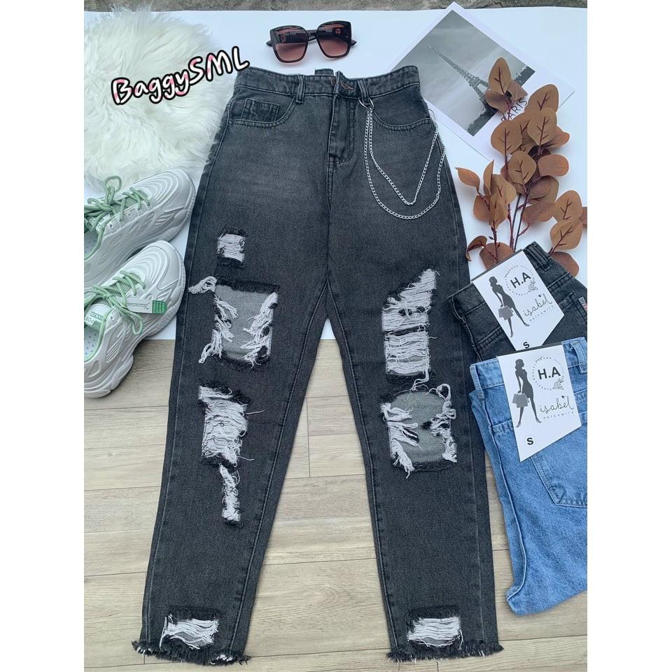 QUẦN BAGGY JEAN COTTON LƯNG THUN RÁCH HOT SHOP PHƯƠNG CHÂU