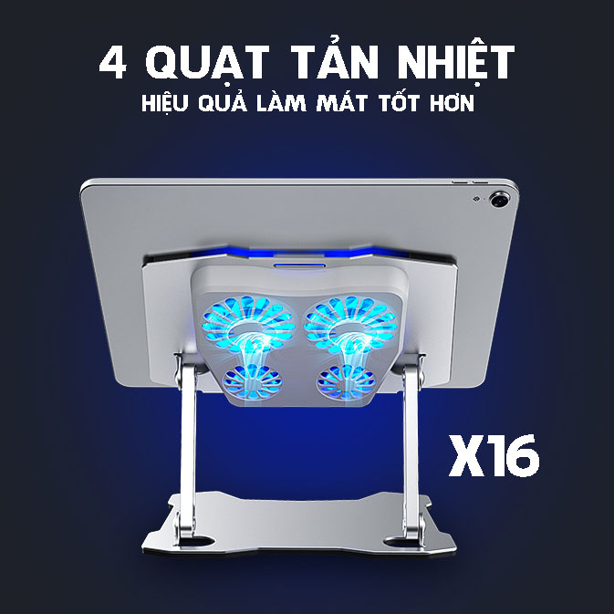 Giá đỡ để bàn X16 dành cho Máy Tính Bảng, IP, Mac có quạt tản nhiệt làm mát nhanh, chất liệu hợp kim nhôm cao cấp, chắc chắn tiện ích cho người sử dụng