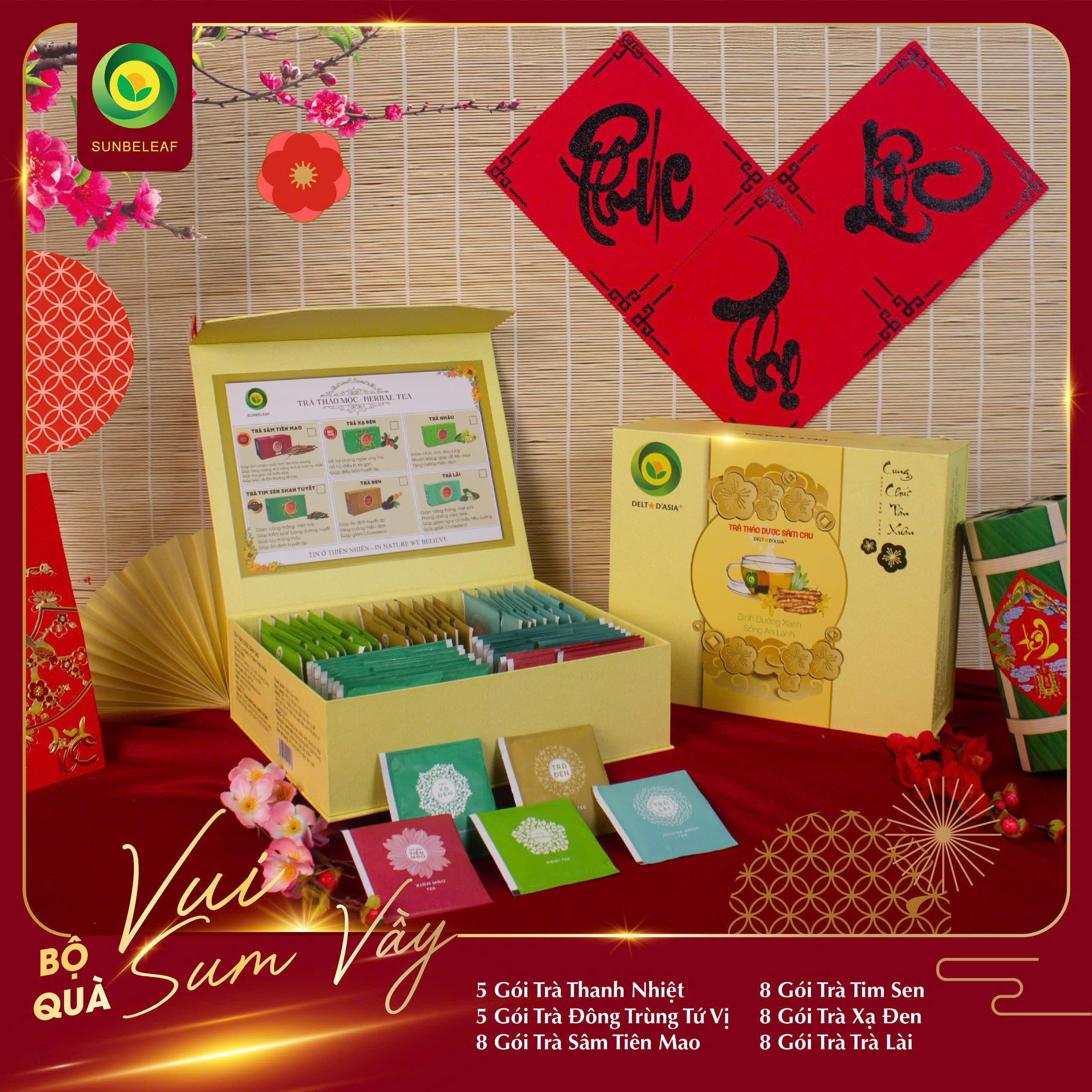 Bộ quà Tết cao cấp 2025 SunBeleaf, bộ quà Tết có rượu vang Pháp, vang Úc, hạt dinh dưỡng và trà thảo mộc
