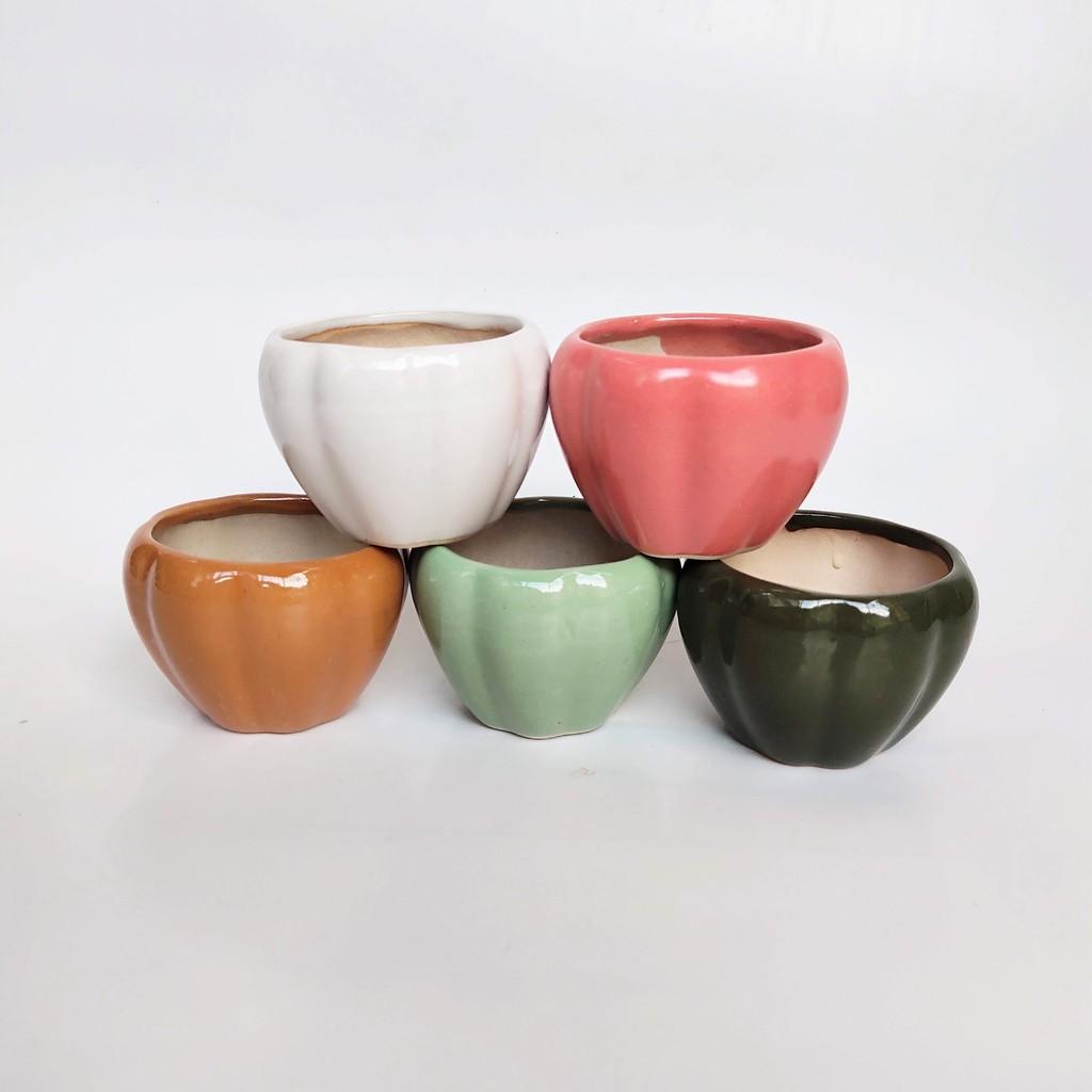 Chậu sứ mini hình quả bí ngô để bàn 8*6.5cm, sứ Bát Tràng, phù hợp trồng cây sen đá, xương rồng, cẩm nhung