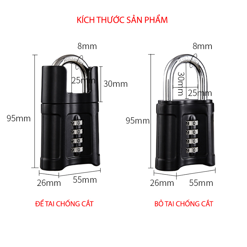 Khóa số chống cắt loại 4 mã số TY25011, móc khóa thép cứng D8cm, vỏ hợp kim kẽm mạ không gỉ