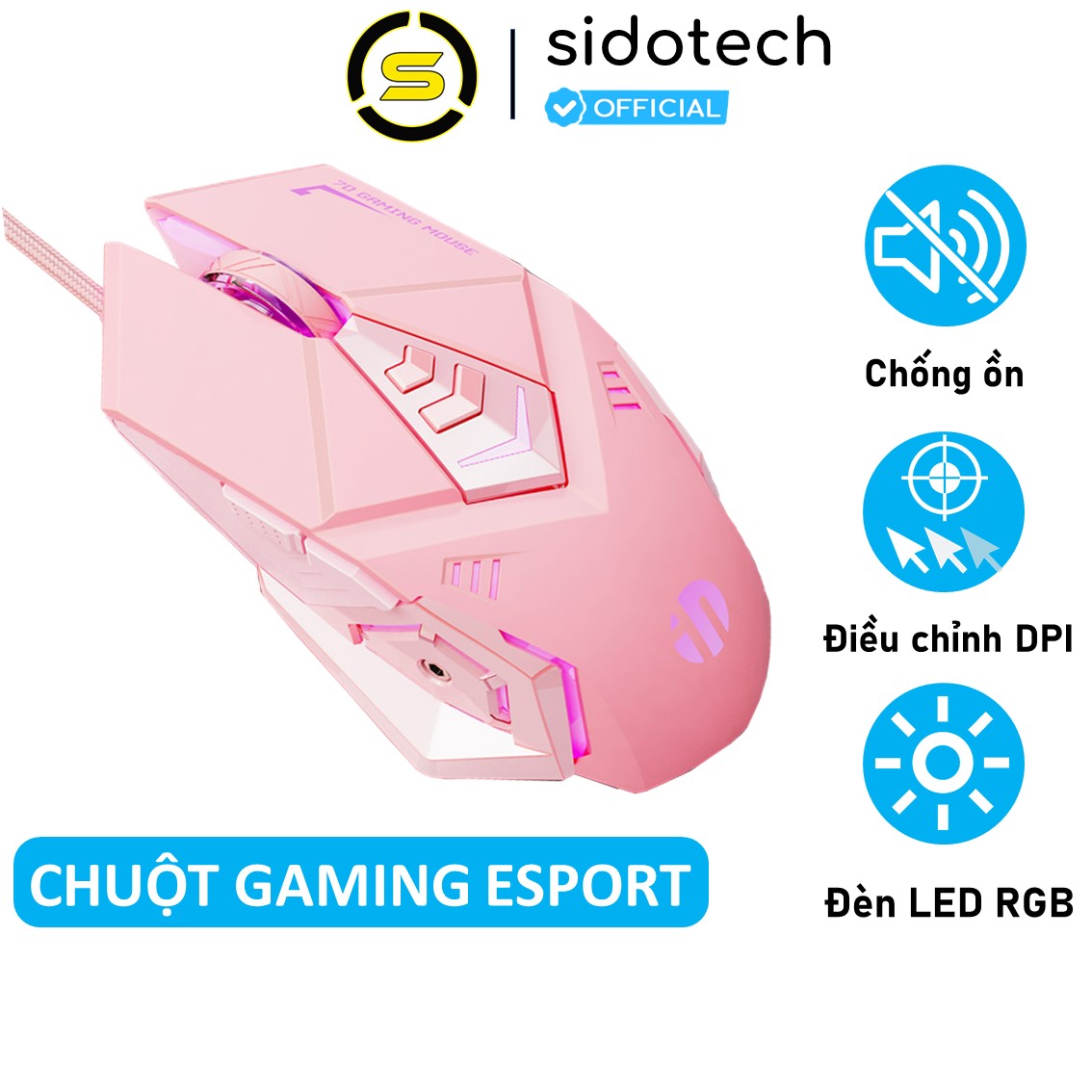 Chuột Máy Tính Màu Hồng Gaming SIDOTECH W5P Dòng Chuột Chơi Game Silent Tắt Tiếng Click Cho Streamer Gaming Esport Chế Độ Nhạy 4000 DPI, LED RGB Biến Đổi 7 Màu, Thiết Kế Công Thái Học, Chuột Gaming Máy Tính- Hàng Chính Hãng