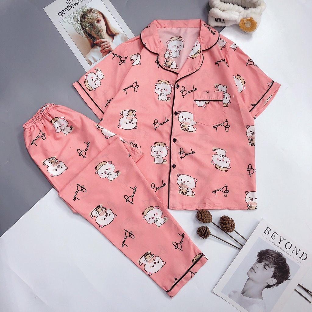 Đồ Ngủ Nữ Pijama Tay Ngắn Quần Dài Vải Kate Thái Loại 1, Bộ Mặc Nhà Thu Đông HATIBO