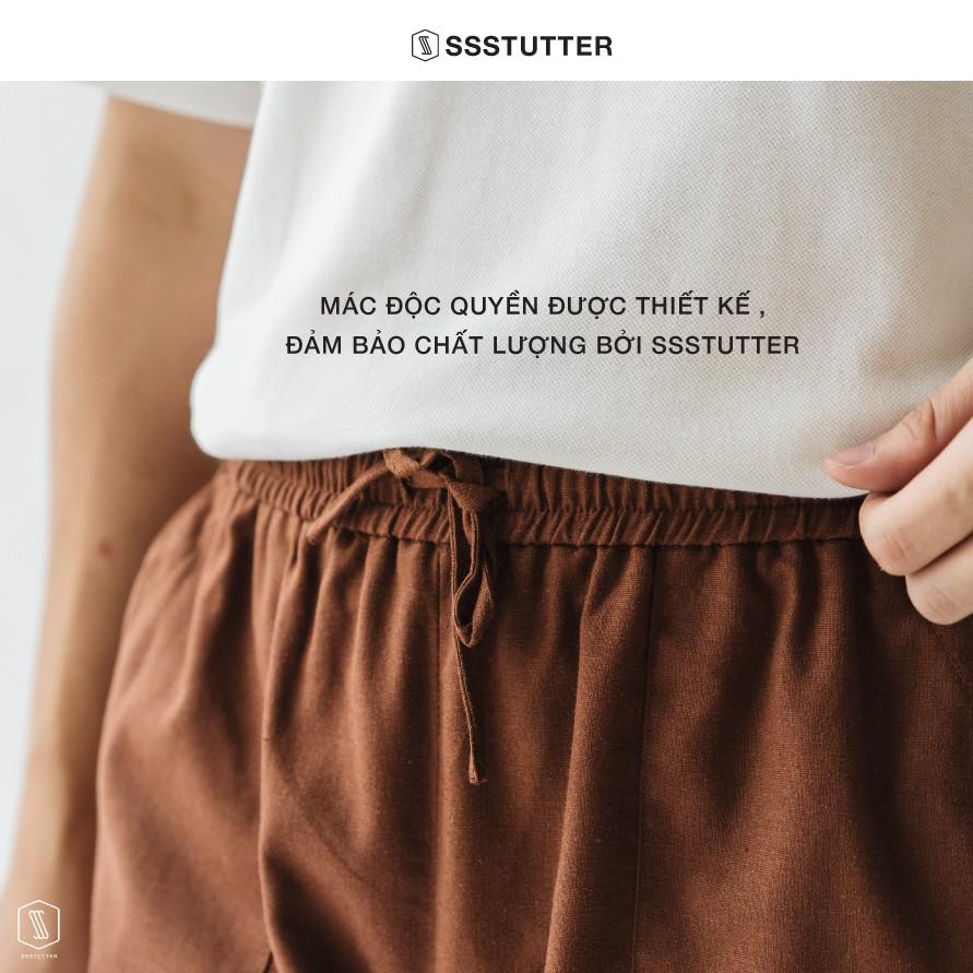 Quần Short Nam phần gấu được thêu chữ SSStutter vải Linen cạp chun thoải mái 3 màu Over Shorts