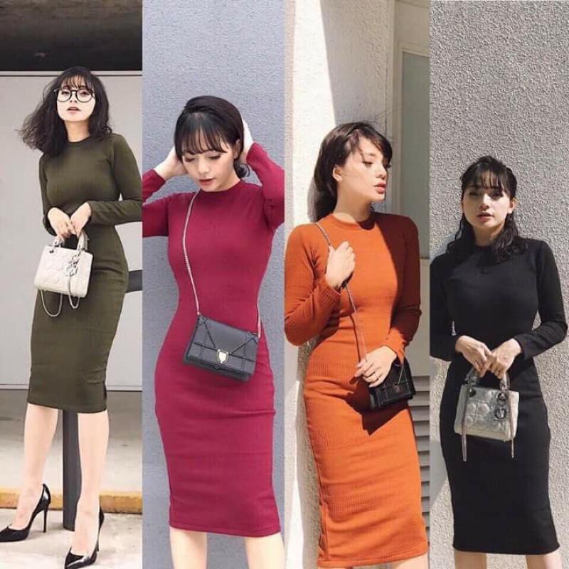 Váy body len tăm dài tay cổ tròn