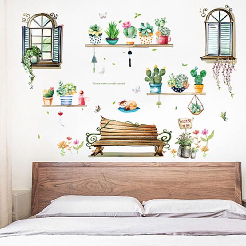 BỘ COMBO DECAL GHÉP ĐÔI TRANG TRÍ - Ghế Đá Gỗ kết hợp xương rồng
