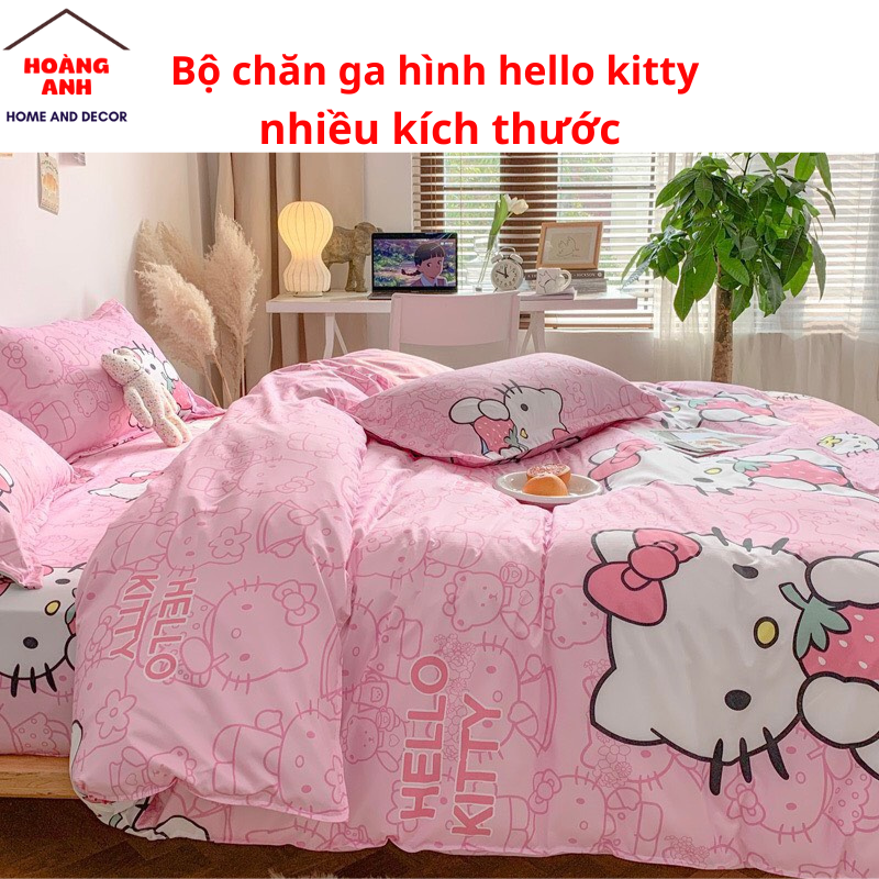 Sét chăn ga gối cotton poly họa tiết mèo hồng cho bé gái may theo kích thước khách đặt