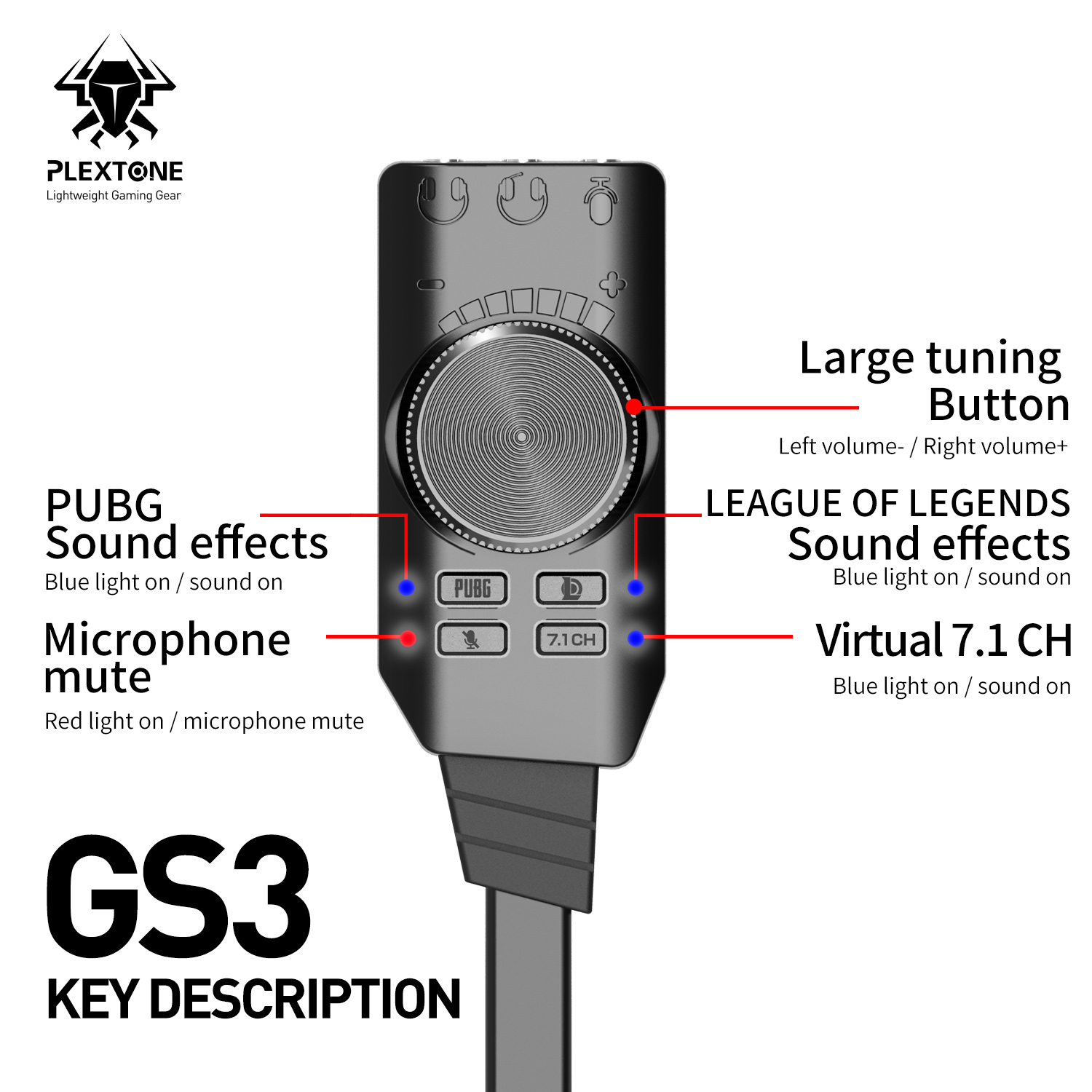 Sound card âm thanh USB 7.1 CH cho máy tính PC chuyên game 4 in 1 Plextone GS3 - Hàng Chính hãng