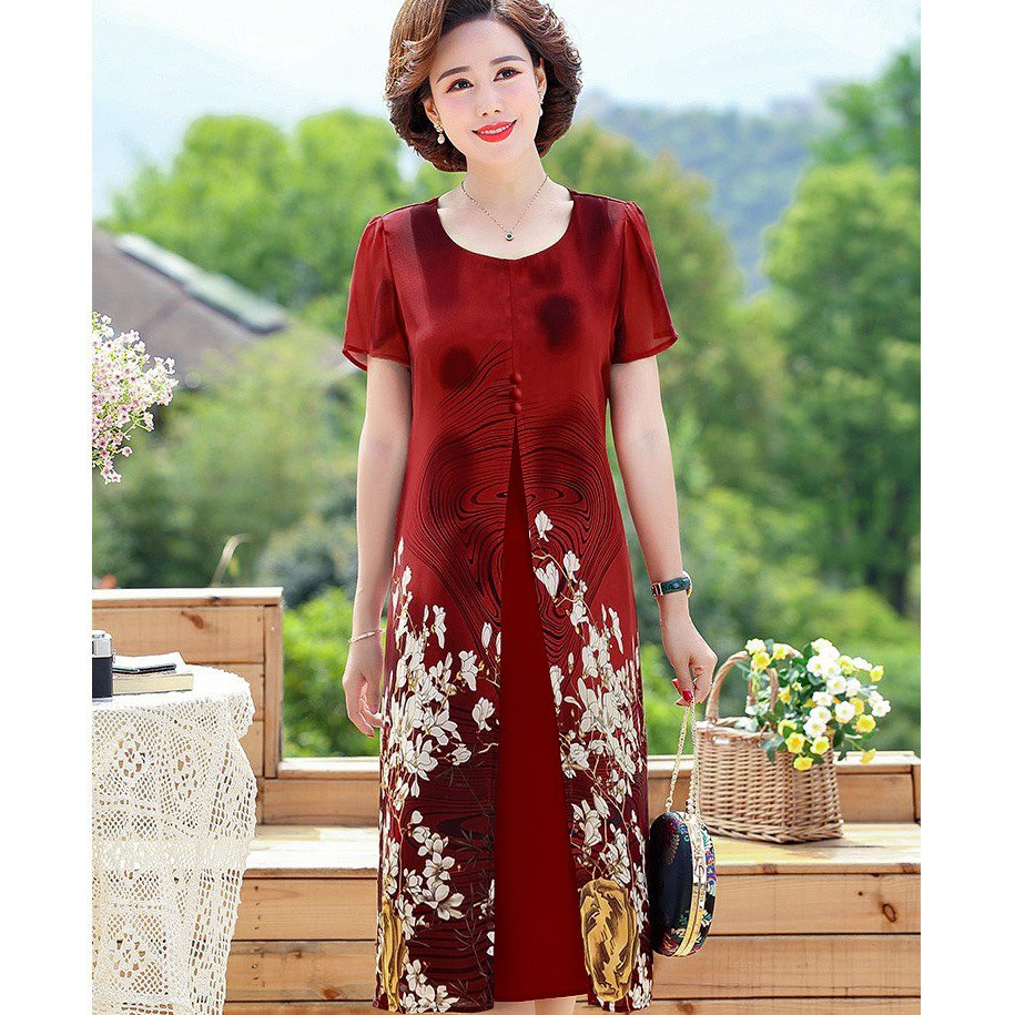ĐẦM SUÔNG XẺ TÀ ĐÍNH NÚT IN HOA TRẮNG