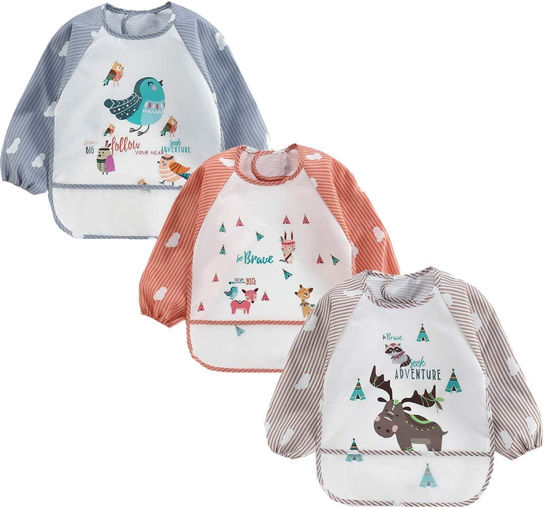 Bộ 3 Yếm Tay Dài Chống Nước Trò Chơi Cho Ăn/Tranh Tạp Dề Yếm Chống Nước