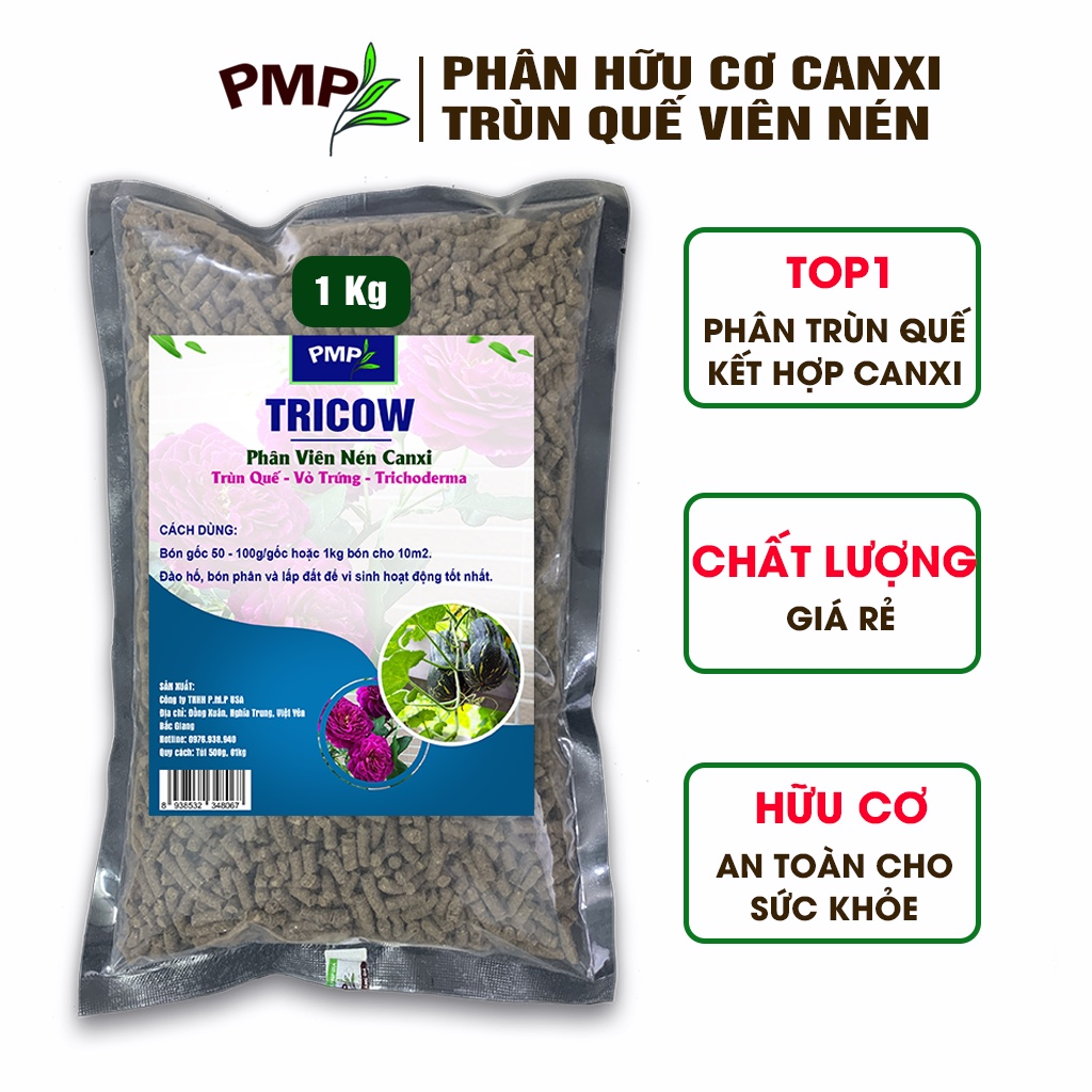 Phân Tan Chậm Tricow Trùn Quế - Canxi - Trichoderma Cho Hoa Hồng, Rau Sạch, Cây Cảnh 1Kg