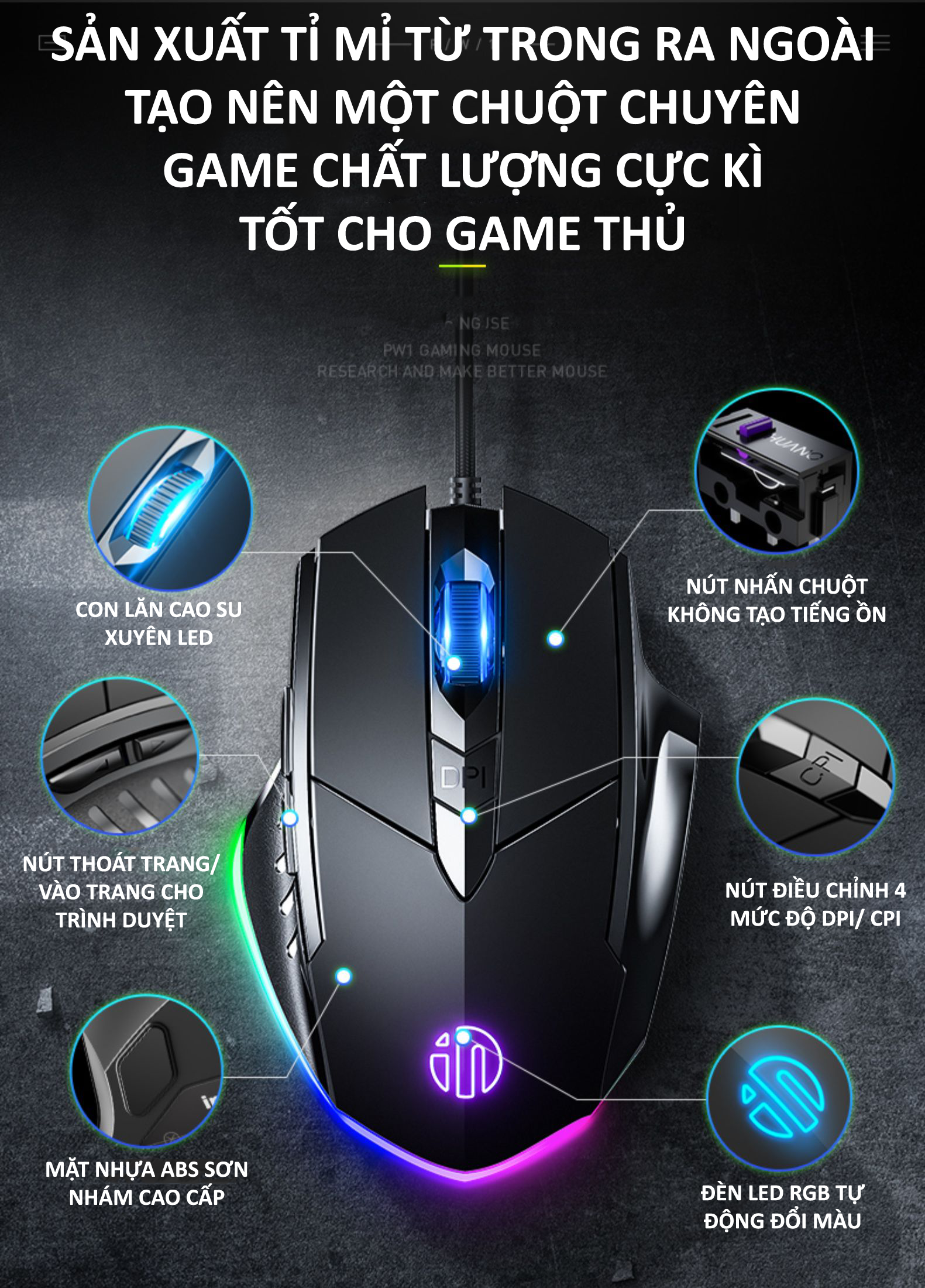 Chuột gaming máy tính có dây chống ồn silent click INPHIC PW1 đèn led 4 màu dành cho game thủ, văn phòng - Hàng Chính Hãng