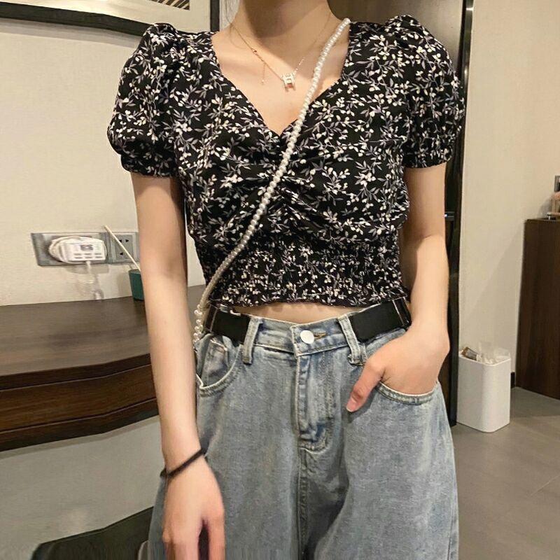 Áo hoa rúm ngực dáng croptop