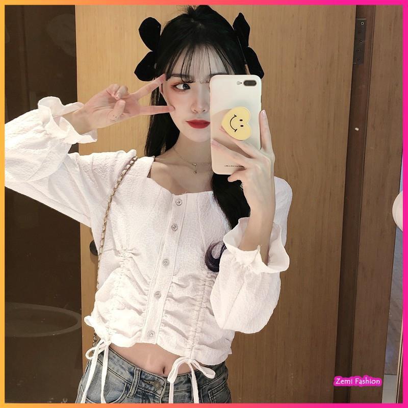 Áo Sơ Mi Nữ CropTOP Cổ Vuông Rút Dây Ngực Ulzzang