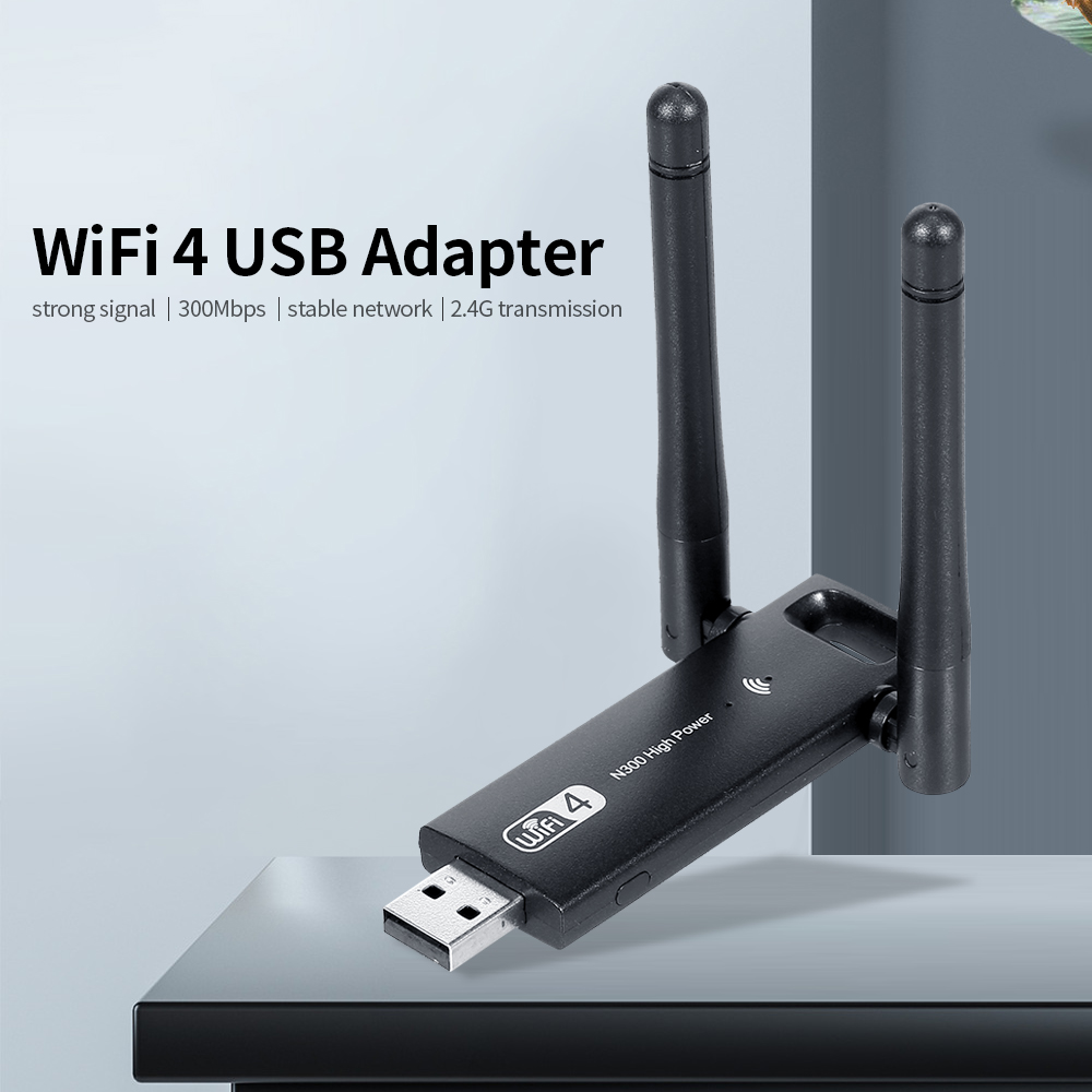 Bộ chuyển đổi USB không dây-N 2.4G Tốc độ truyền 300Mbps Bộ điều hợp WiFi 4 USB với ăng-ten kép