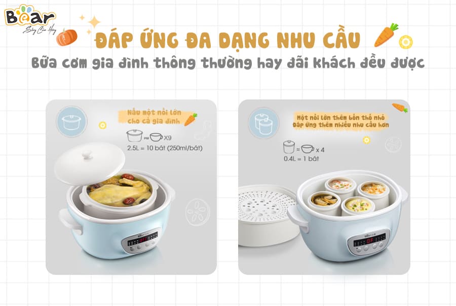 Nồi Nấu Chậm BEAR SUBE003 (DDZ-C25R6) Nấu Cháo Chưng Yến, Tiềm Hấp Tự Động Hoàn Toàn Chống Trào Nước Chống Cháy Dung Tích 2.5L Màu Ngẫu Nhiên - Hàng Chính Hãng