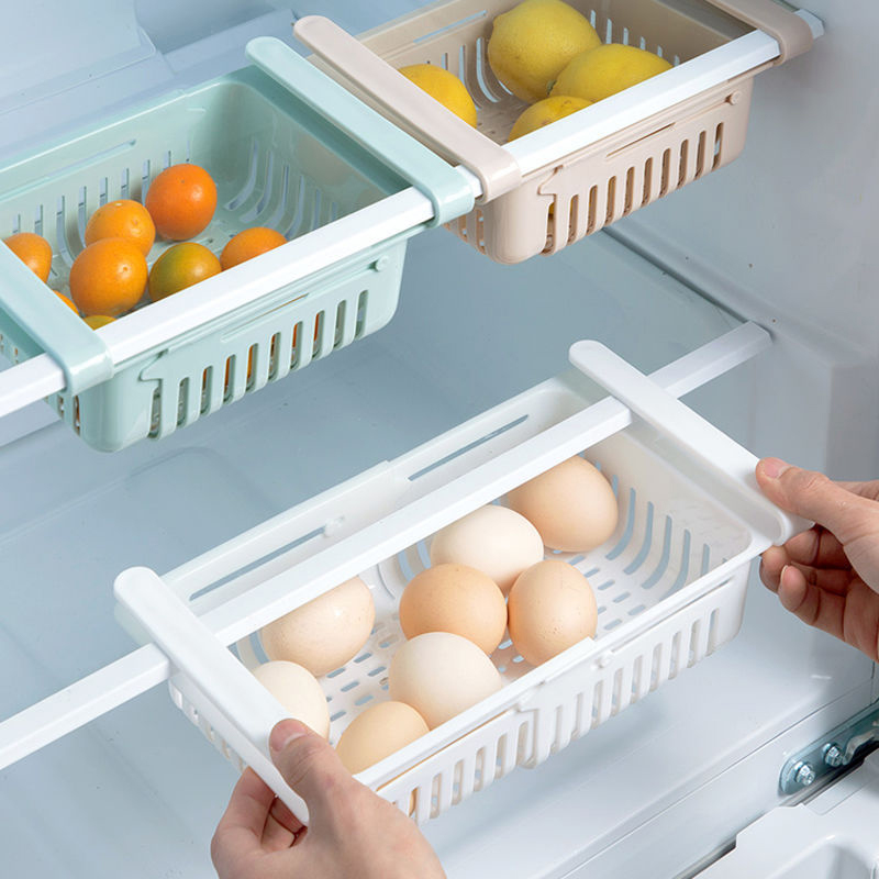Bộ 2 khay rổ nhựa kéo dài đựng thức ăn thực phẩm trong tủ lạnh thông minh tiện dụng