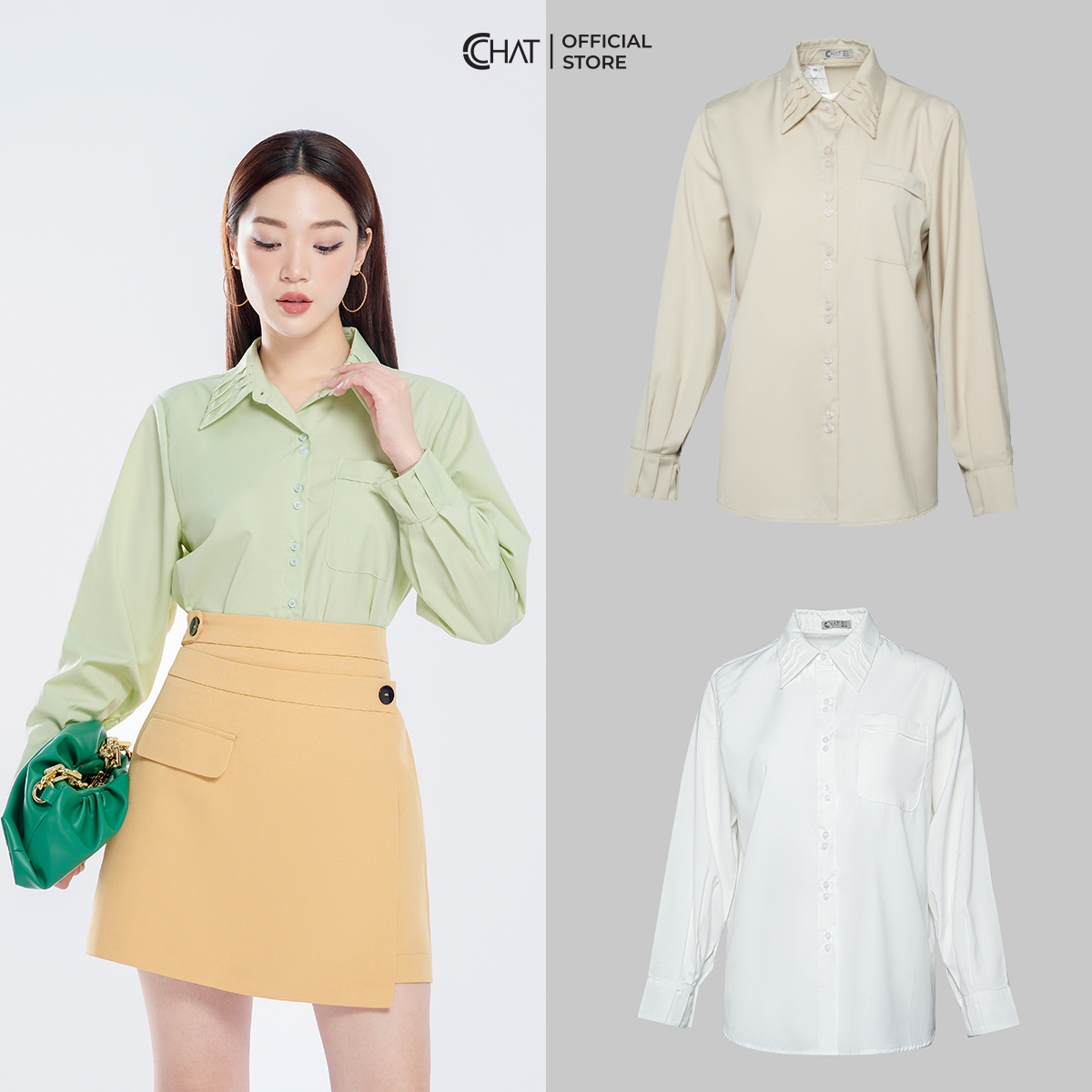 Áo Sơ Mi Nữ CCHAT Bấu Mí Lá Cổ Chất Liệu Thô Nhập Khẩu 13SDT2005ST