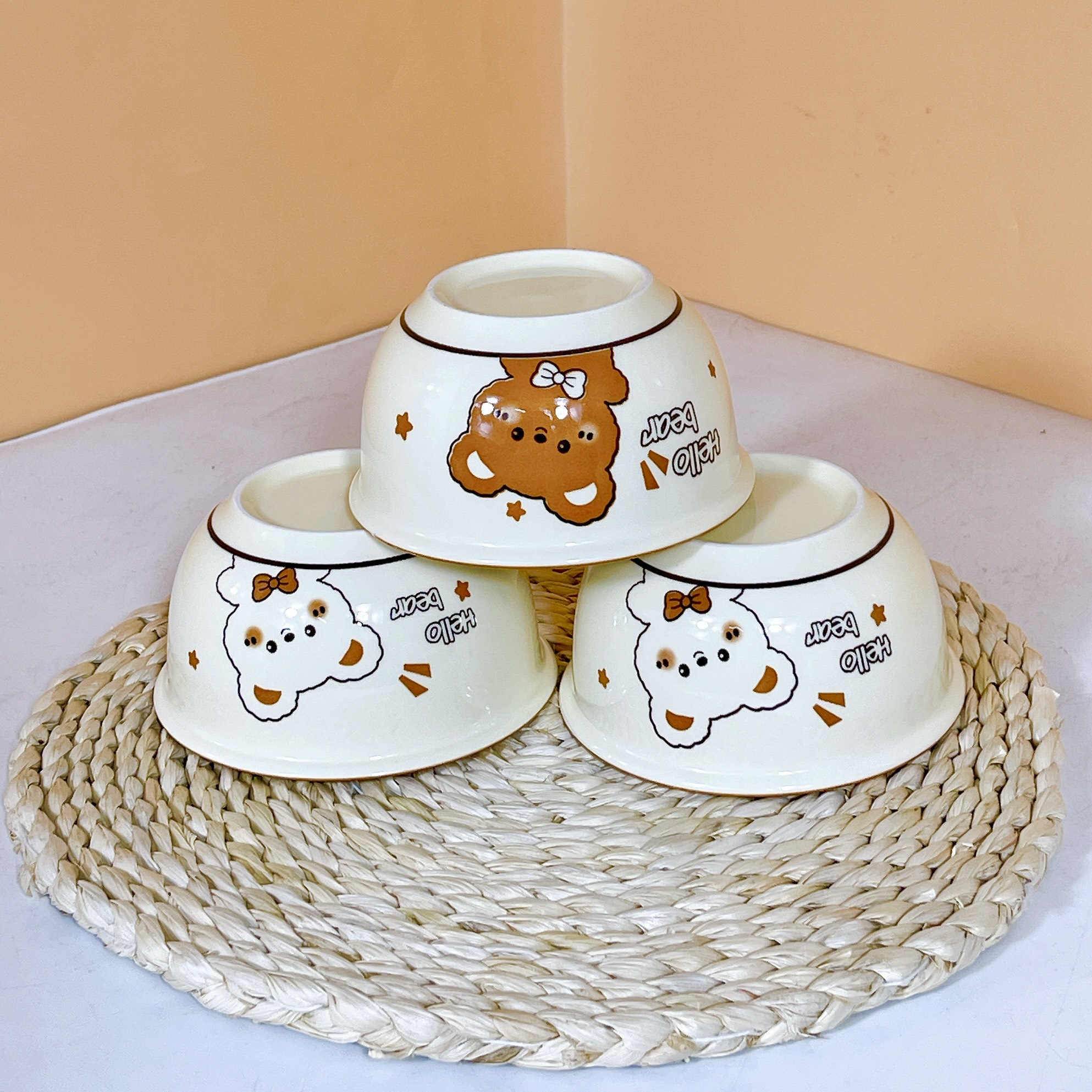 Bộ Bát Đĩa Gốm Sứ Cao Cấp Gosu Hình Gấu Cam Trắng Đáng Yêu