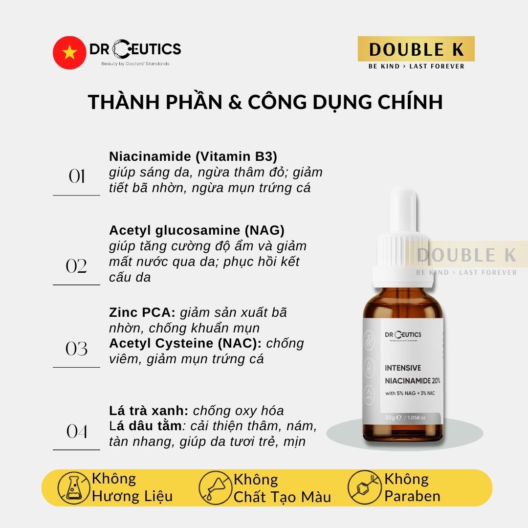 DrCeutics Intensive Niacinamide 20% - Serum Sáng Da, Tăng Cường Hàng Rào Bảo Vệ Da - Double K