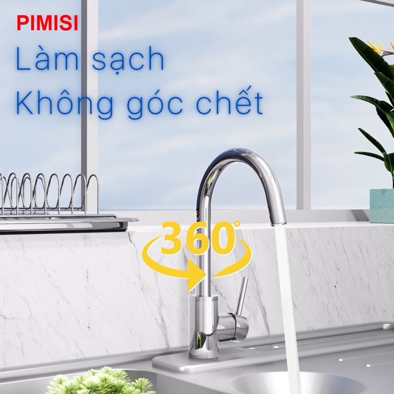 Vòi rửa bát nóng lạnh Pimisi đồng thau mạ xi Cr/Ni sáng bóng kiểu tròn điều chỉnh nhiệt độ bằng tay gật gù - kèm 2 sợi dây cấp nước dùng cho chậu rửa bát 1-2-3 hố trong nhà bếp - vòi nước rửa chén gắn chậu âm dương bàn đá quay 360 độ tăng áp | Chính hãng