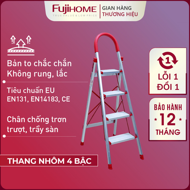 Thang ghế nhôm tay vịn chữ A bản to 4 bậc 1,4m xếp gọn Nhật Bản Fujihome chống trượt, Ghế thang chữ A thắp nhang gia đình đa năng rút gọn inox 1m4 mét step stool ladder