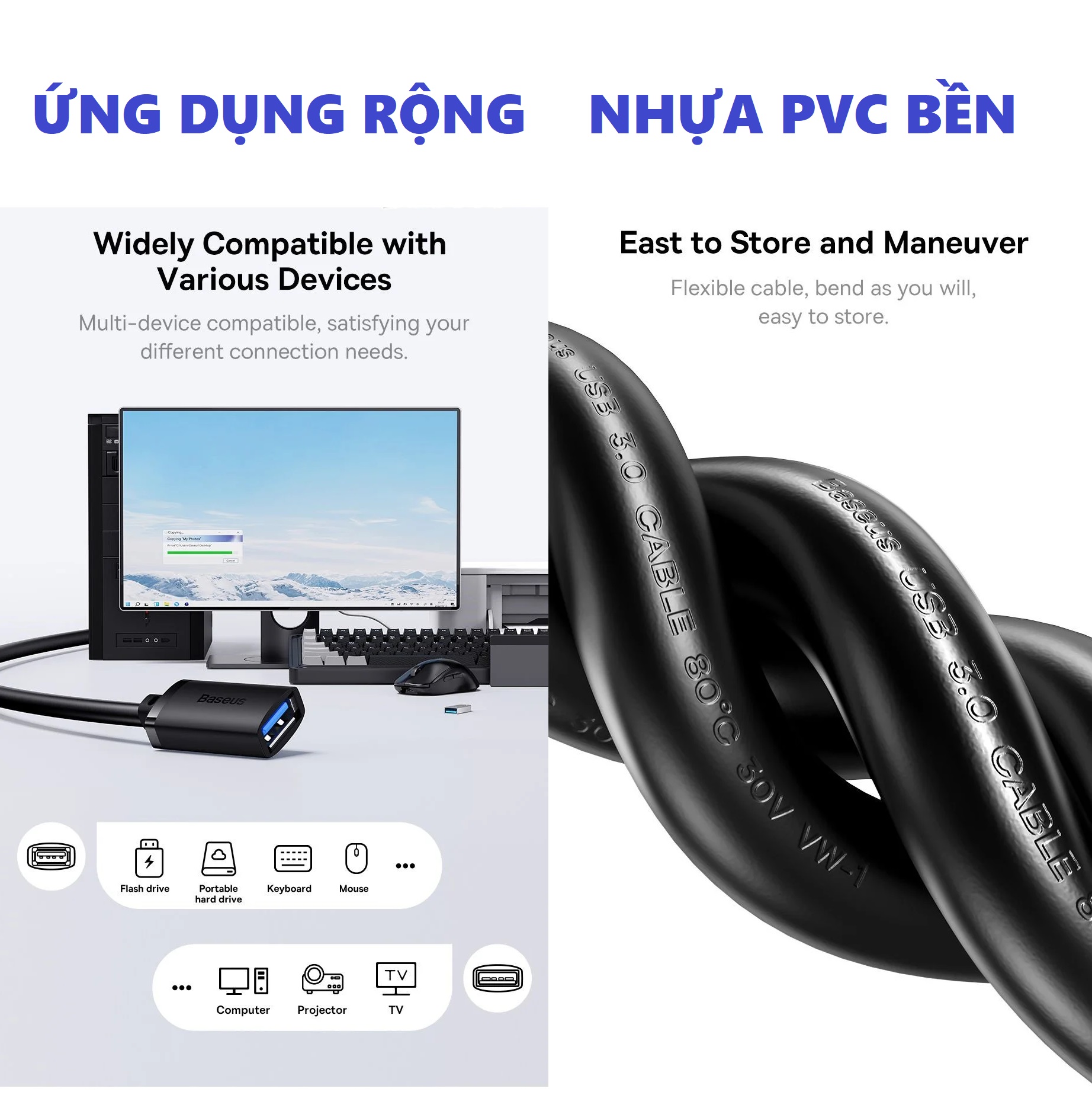 Dây cáp nối dài Usb 3.0 5Gbps nhựa PVC thân tròn to siêu bền Baseus Airjoy 0.5m - 5m _ Hàng chính hãng