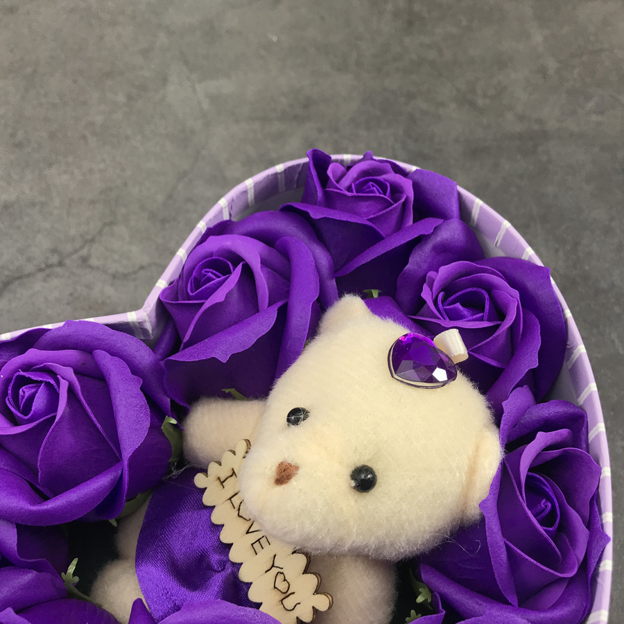 Quà tặng sinh nhật cho bạn gái - hoa hồng sáp hộp tim 1 gấu, màu tím - H16T