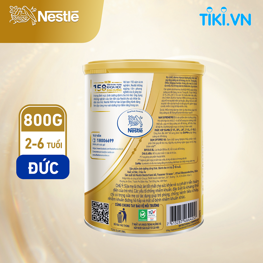 Sữa bột Nestlé NAN SupremePro 3 nhập khẩu từ Đức với 5HMO giúp tăng đề kháng, đạm Gentle Optipro giúp dễ hấp thu &amp; ngừa nguy cơ dị ứng (chàm sữa) (2 - 6 tuổi)