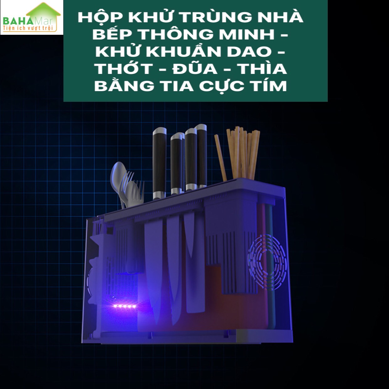 HỘP SẤY VÀ KHỬ TRÙNG VẬT DỤNG NHÀ BẾP THÔNG MINH - KHỬ KHUẨN DAO - THỚT - ĐŨA - THÌA BẰNG TIA CỰC TÍM "BAHAMAR" Có các hạt đèn khử trùng tia cực tím sâu UVC giúp khử trùng toàn diện hơn.