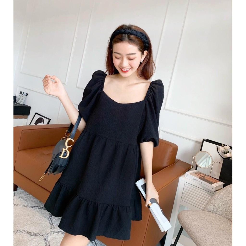 ĐẦM BABYDOLL XỐP IN HOA NỔI TRẮNG ĐEN CỔ VUÔNG TAY LỠ DÁNG XÒE TẦNG-hình thật cận vải